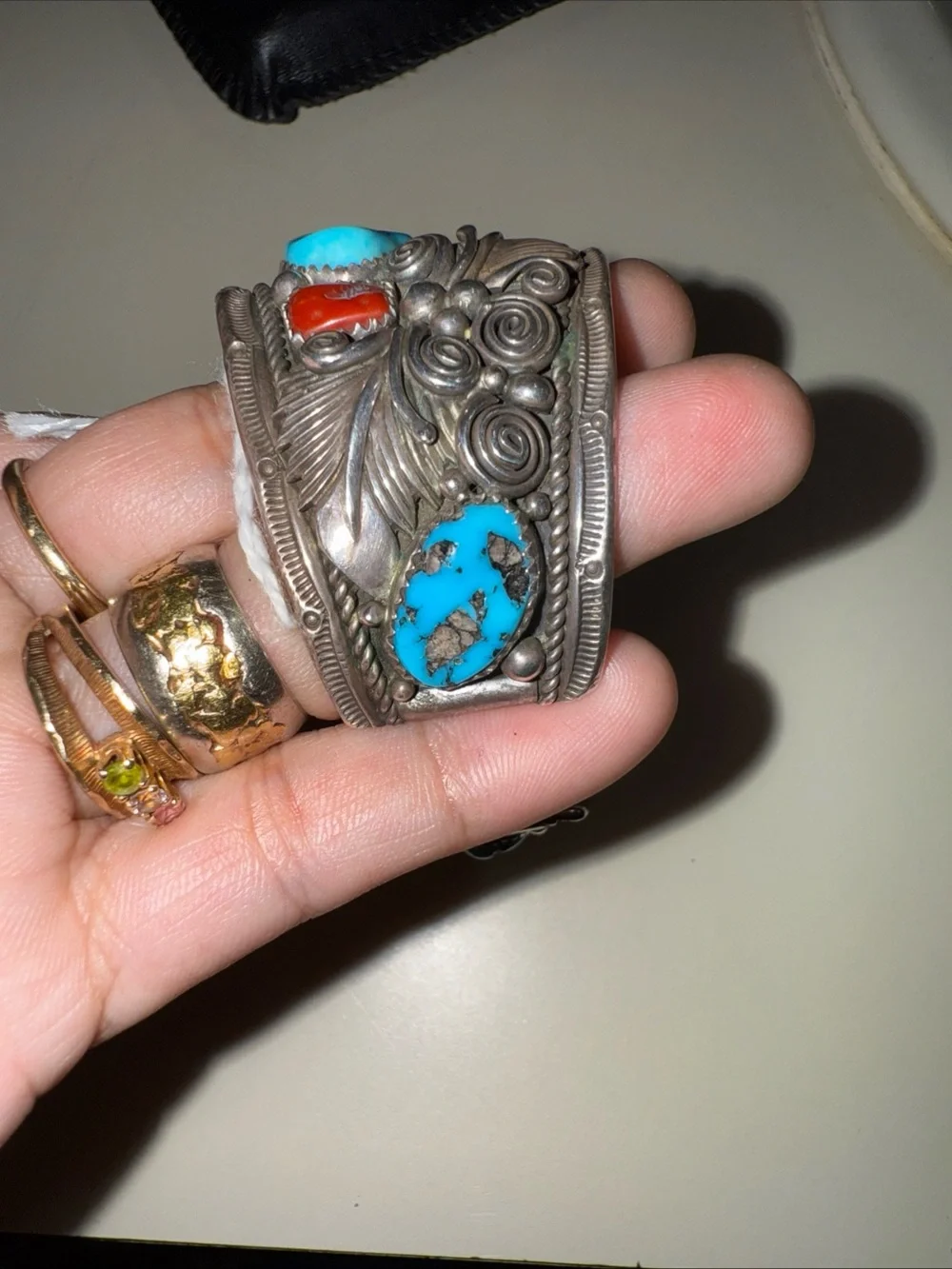 Vintage Sterling Silver Navajo Turquoise and coral inlay cuff watch